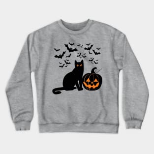 Pumpkin, black cat and bats on Halloween, black and orange Crewneck Sweatshirt